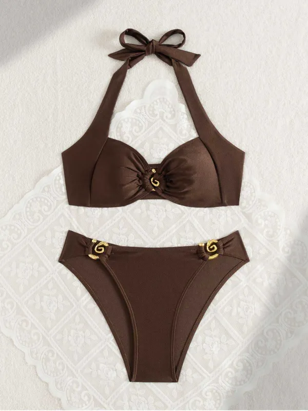 Brown 1950s Golden Ring Halter Bikini Set sold by Retro Stage