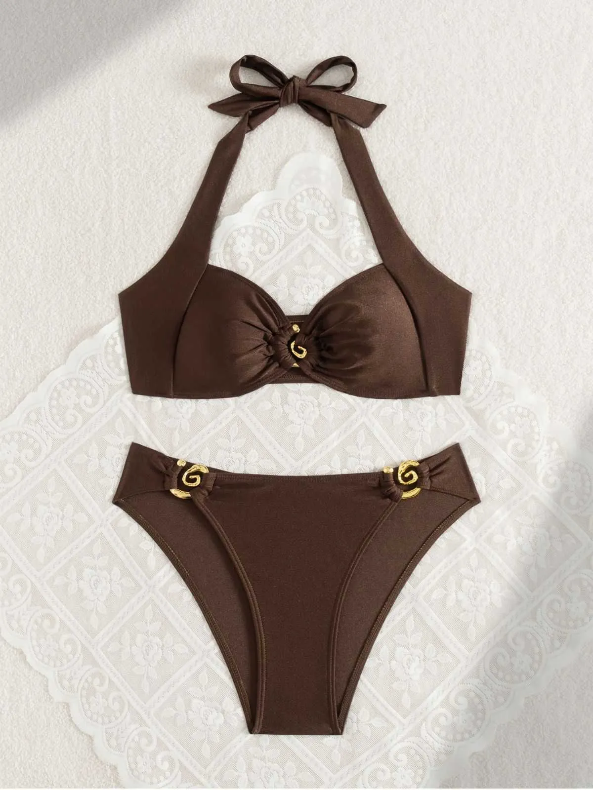 Brown 1950s Golden Ring Halter Bikini Set sold by Retro Stage