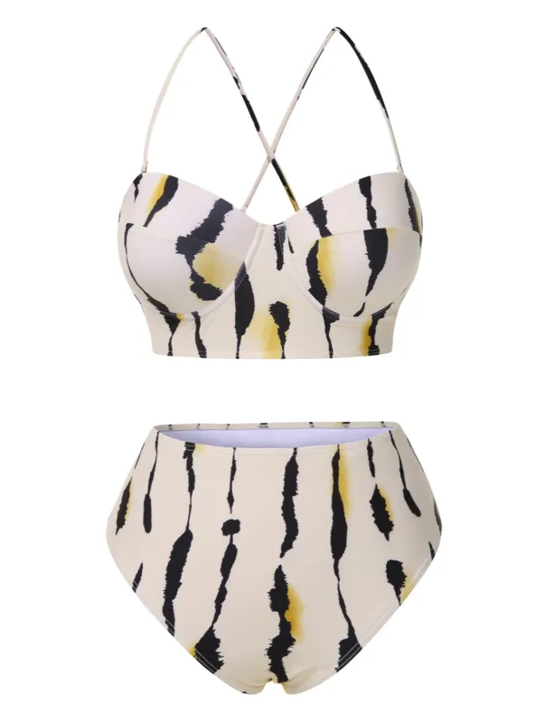 Beige 1950s Back Cross Straps Ink Splash Swimsuit sold by Retro Stage