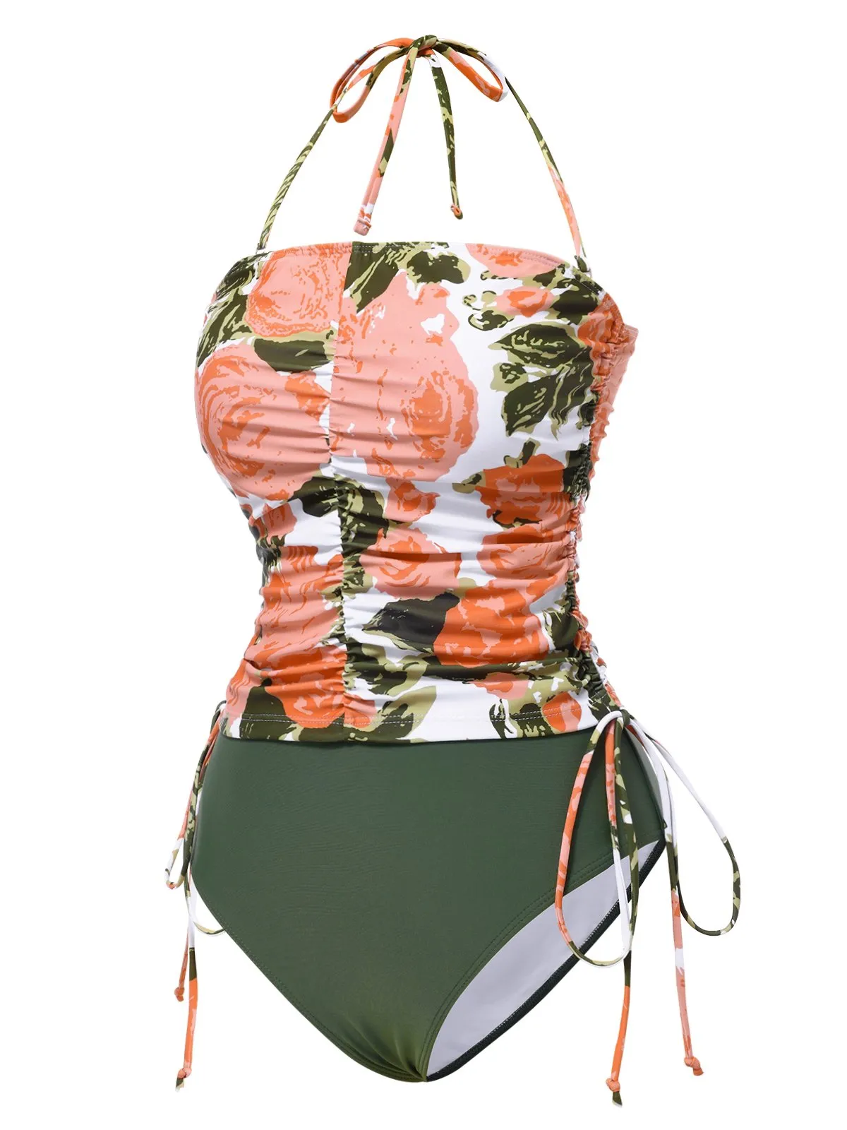 Green 1960s Bandeau Halter Floral Drawstring Swimsuit sold by Retro Stage product image thumbnail 2