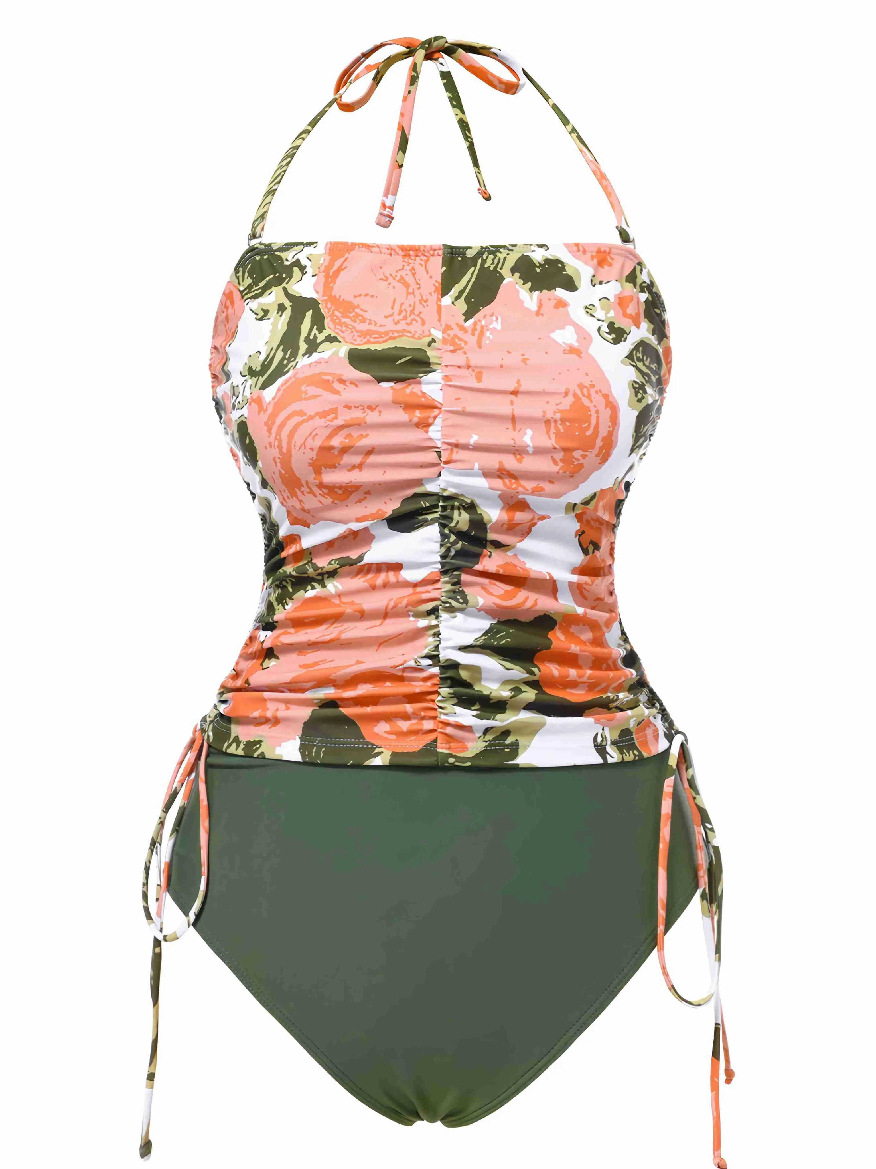 Green 1960s Bandeau Halter Floral Drawstring Swimsuit sold by Retro Stage