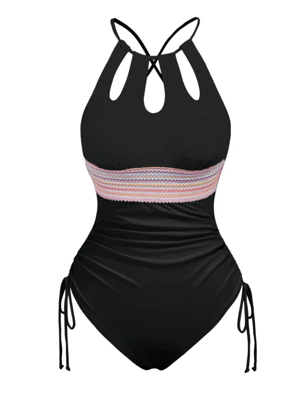 1950s Solid Keyhole Collar Cross-Bind Swimsuit sold by Retro Stage