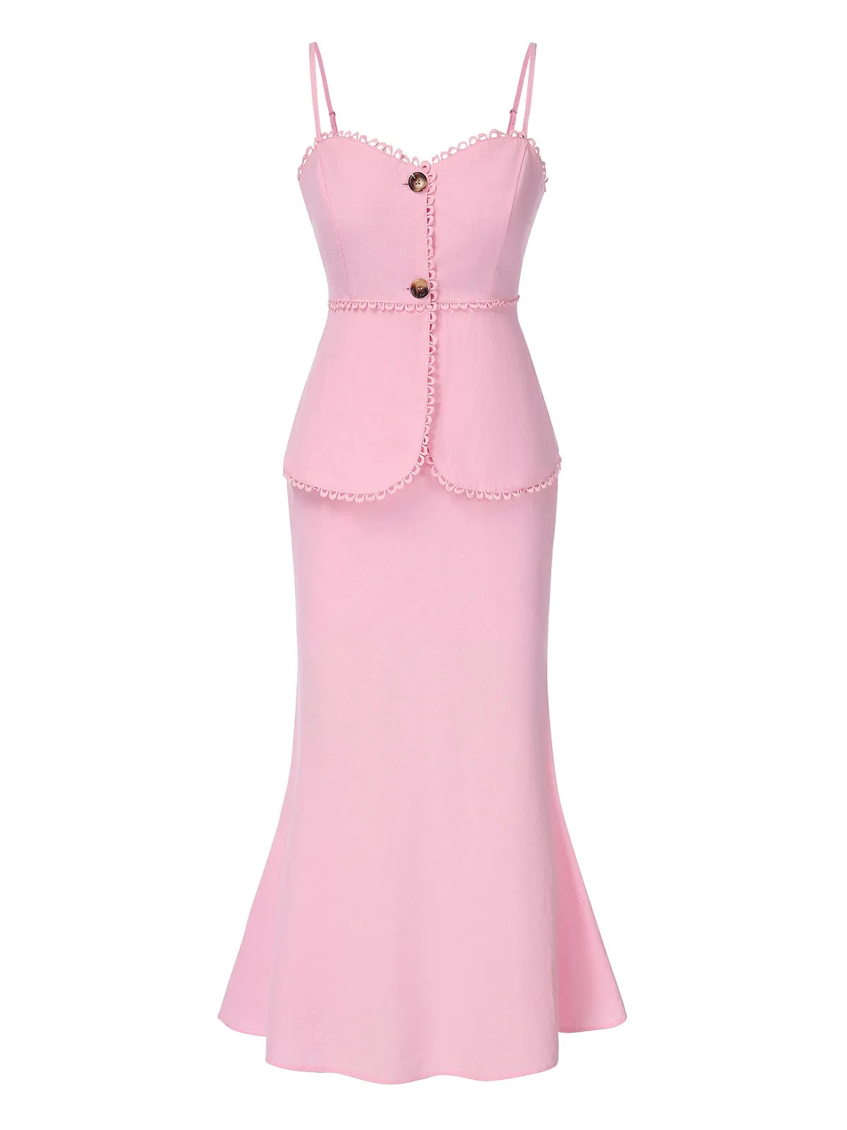 2PCS Pink 1930s Solid Cotton Spaghetti Strap Camisole & Fishtail Skirt sold by Retro Stage product image thumbnail 2