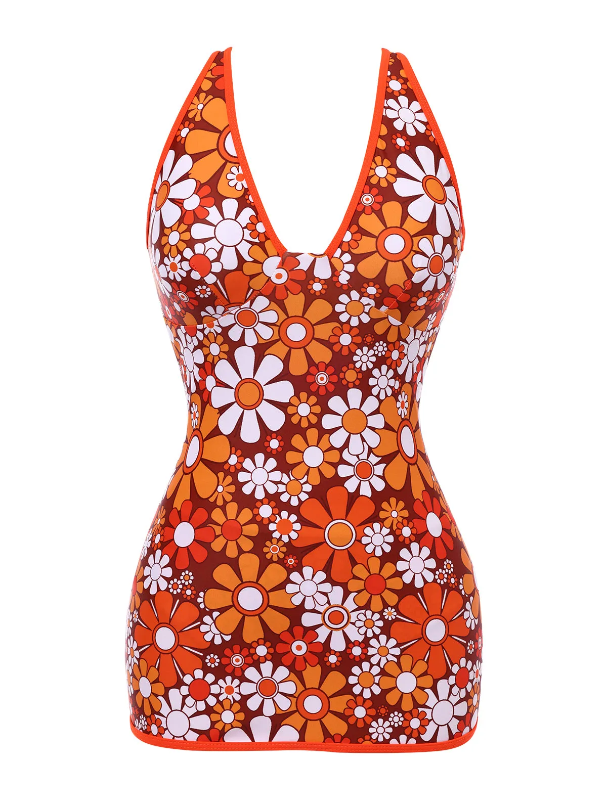 Brown 1960s Bohemian Psychedelic Floral One-Piece Swimsuit sold by Retro Stage product image thumbnail 2