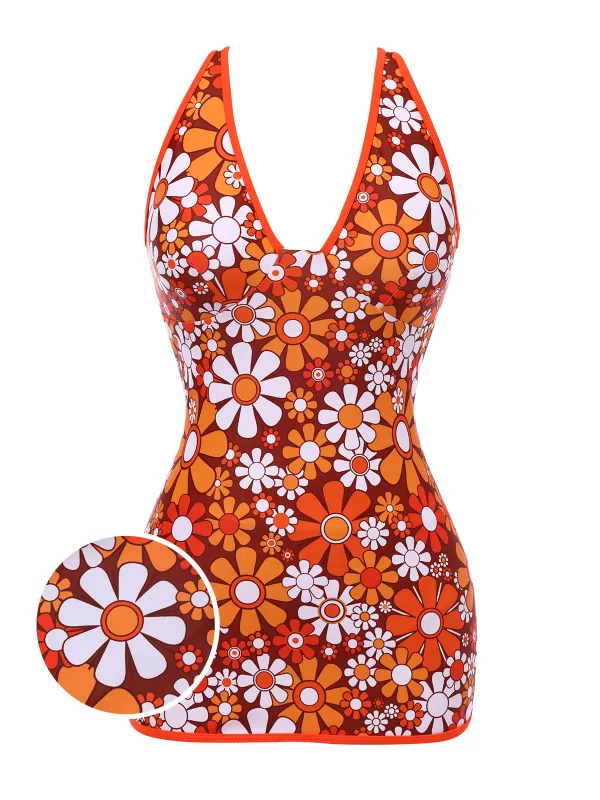 Brown 1960s Bohemian Psychedelic Floral One-Piece Swimsuit sold by Retro Stage