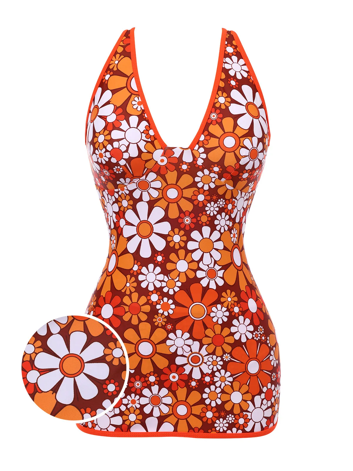 Brown 1960s Bohemian Psychedelic Floral One-Piece Swimsuit sold by Retro Stage