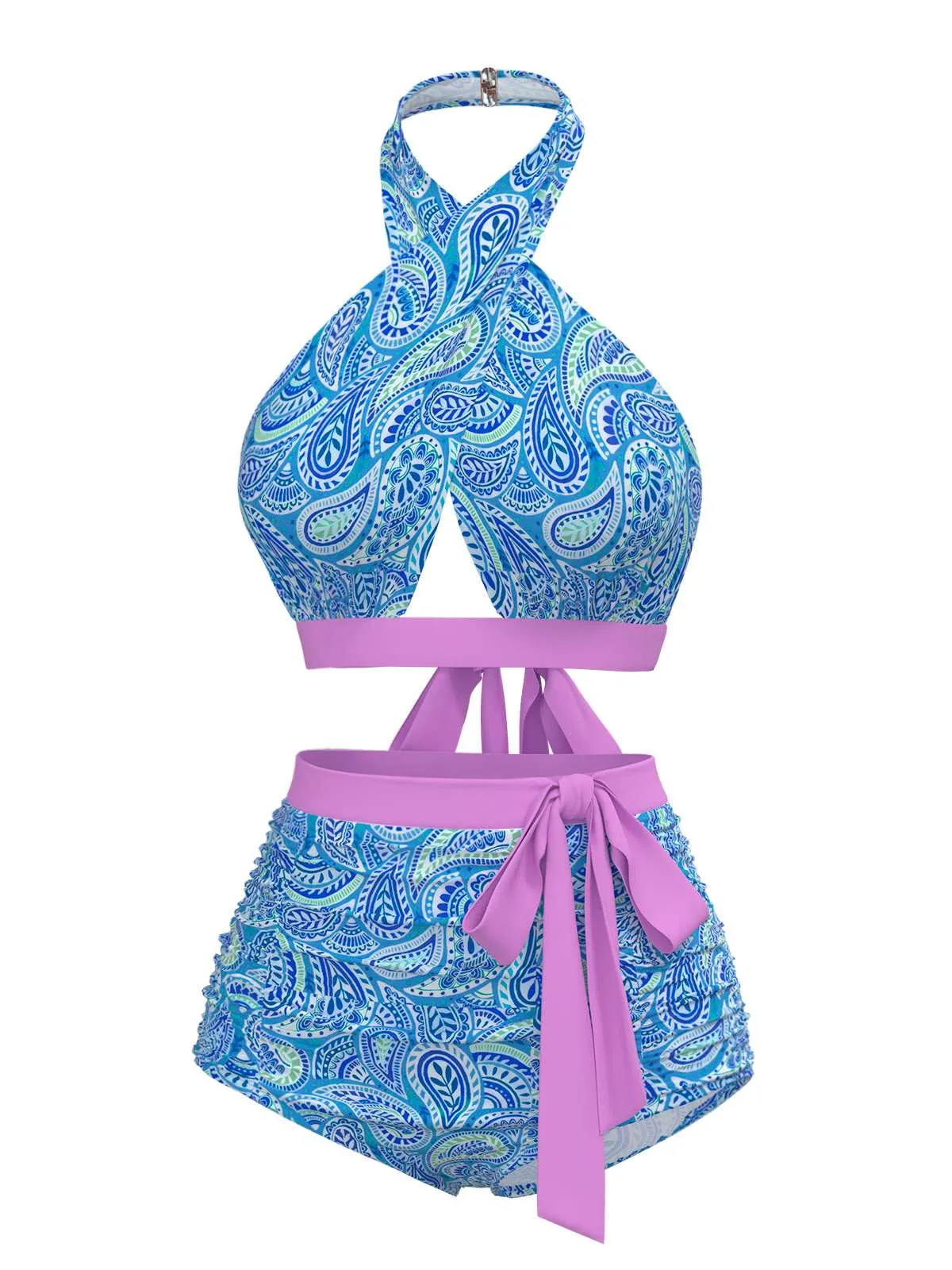 Violet 1970s Paisley Print Cross-Halter Swimsuit sold by Retro Stage product image thumbnail 2