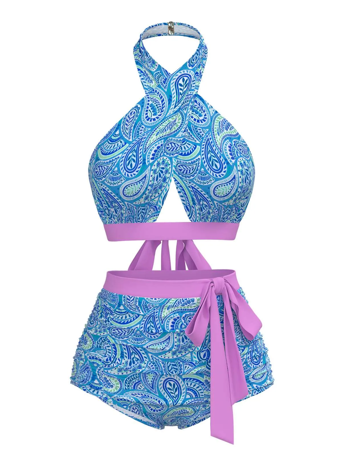 Violet 1970s Paisley Print Cross-Halter Swimsuit sold by Retro Stage