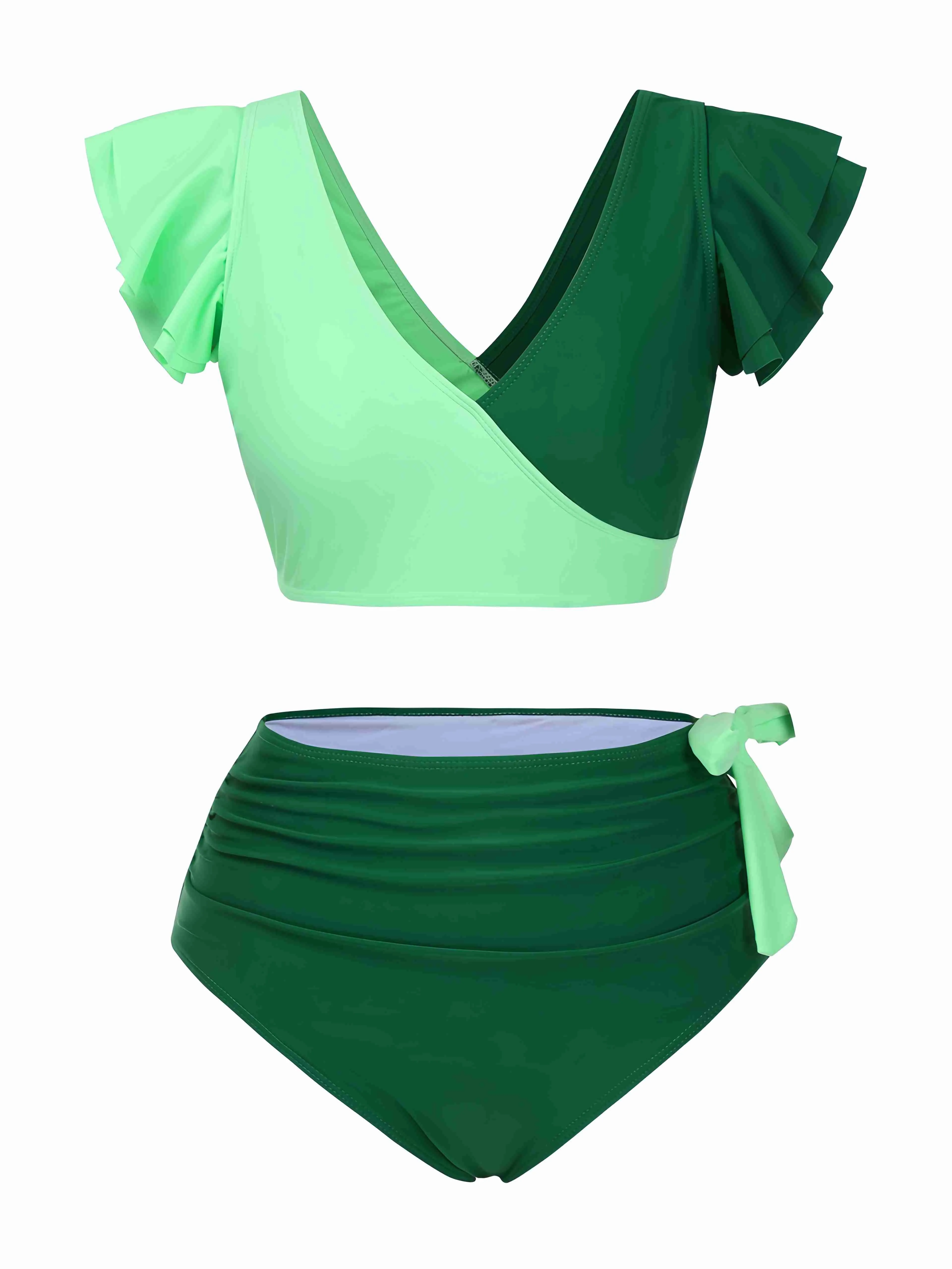 1950s Colorblock Ruffle Ruched Bow Bikini Set sold by Retro Stage