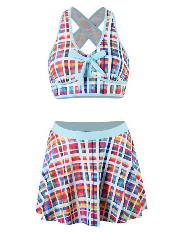 Multicolor 1970s Bohemian Plaid Print Skirt Swimsuit sold by Retro Stage