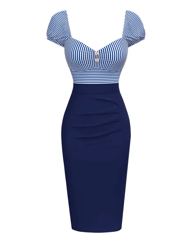 Dark Blue 1960s Striped Puff Sleeves Pencil Dress sold by Retro Stage