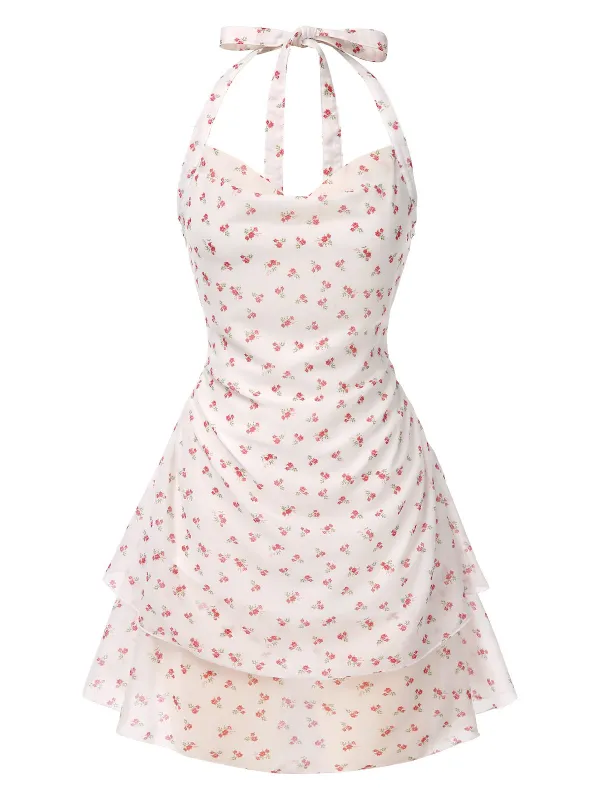 White 1960s Ditsy Floral Sweetheart Halter Dress sold by Retro Stage