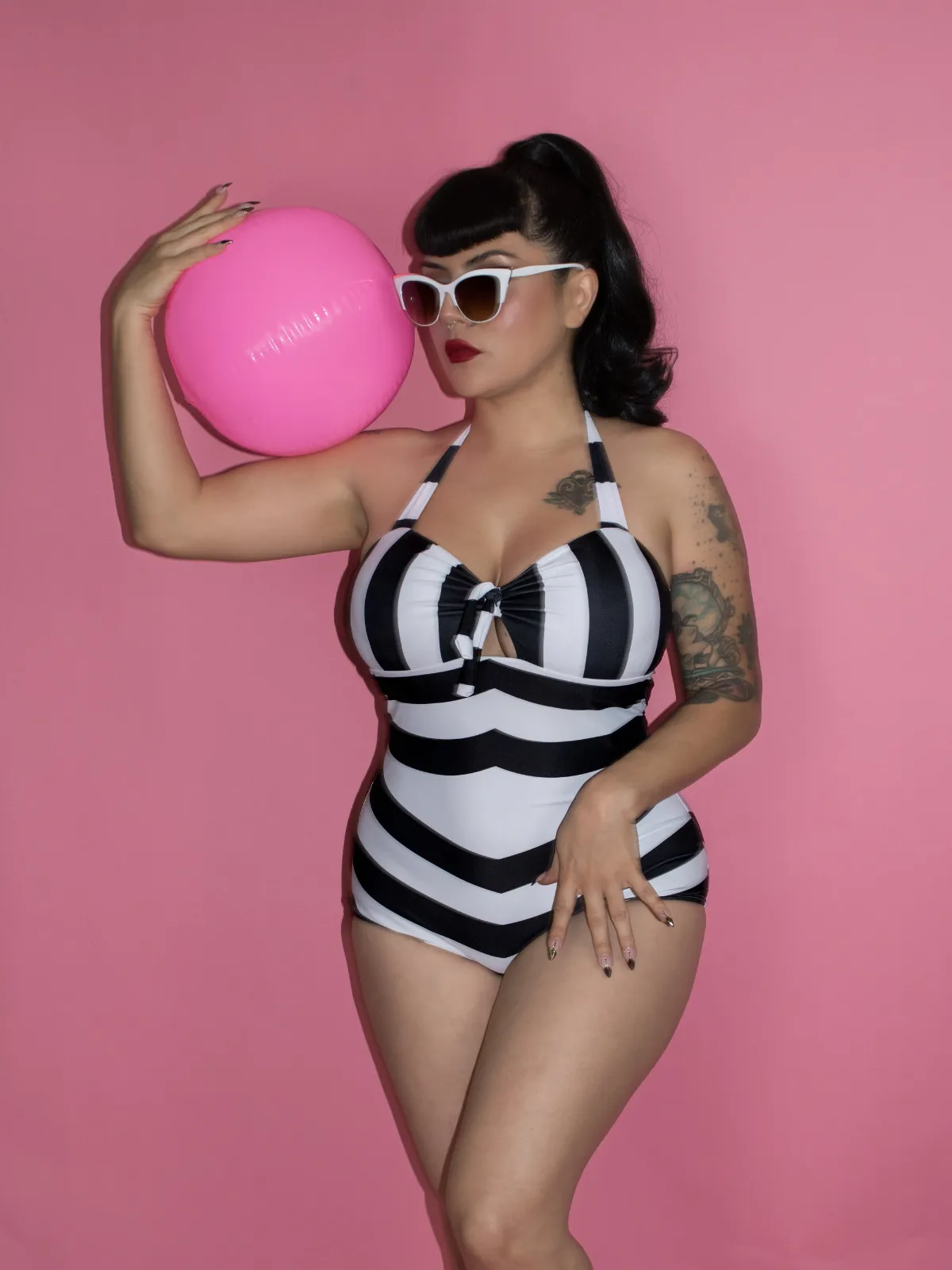 Black & White 1950s Barbie Stripes Halter Swimsuit sold by Retro Stage