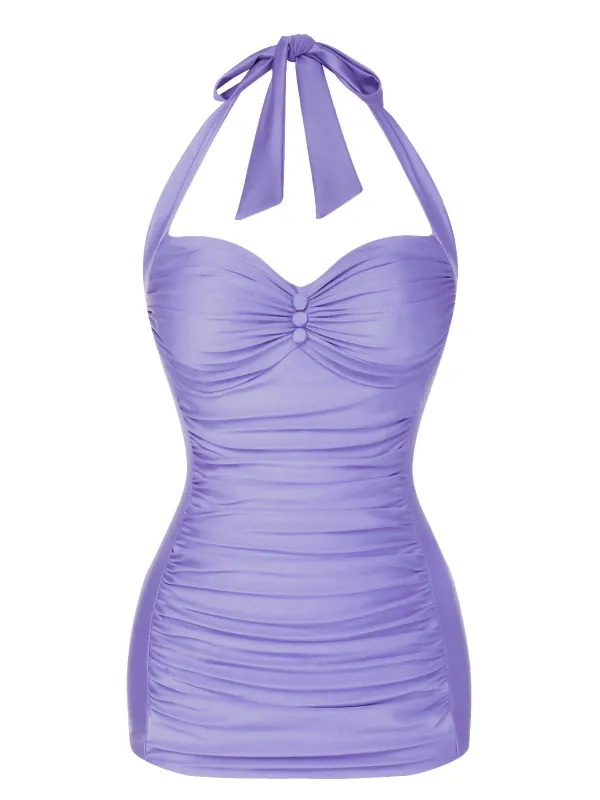 Purple 1950s Solid Gathered Halter Swimsuit sold by Retro Stage
