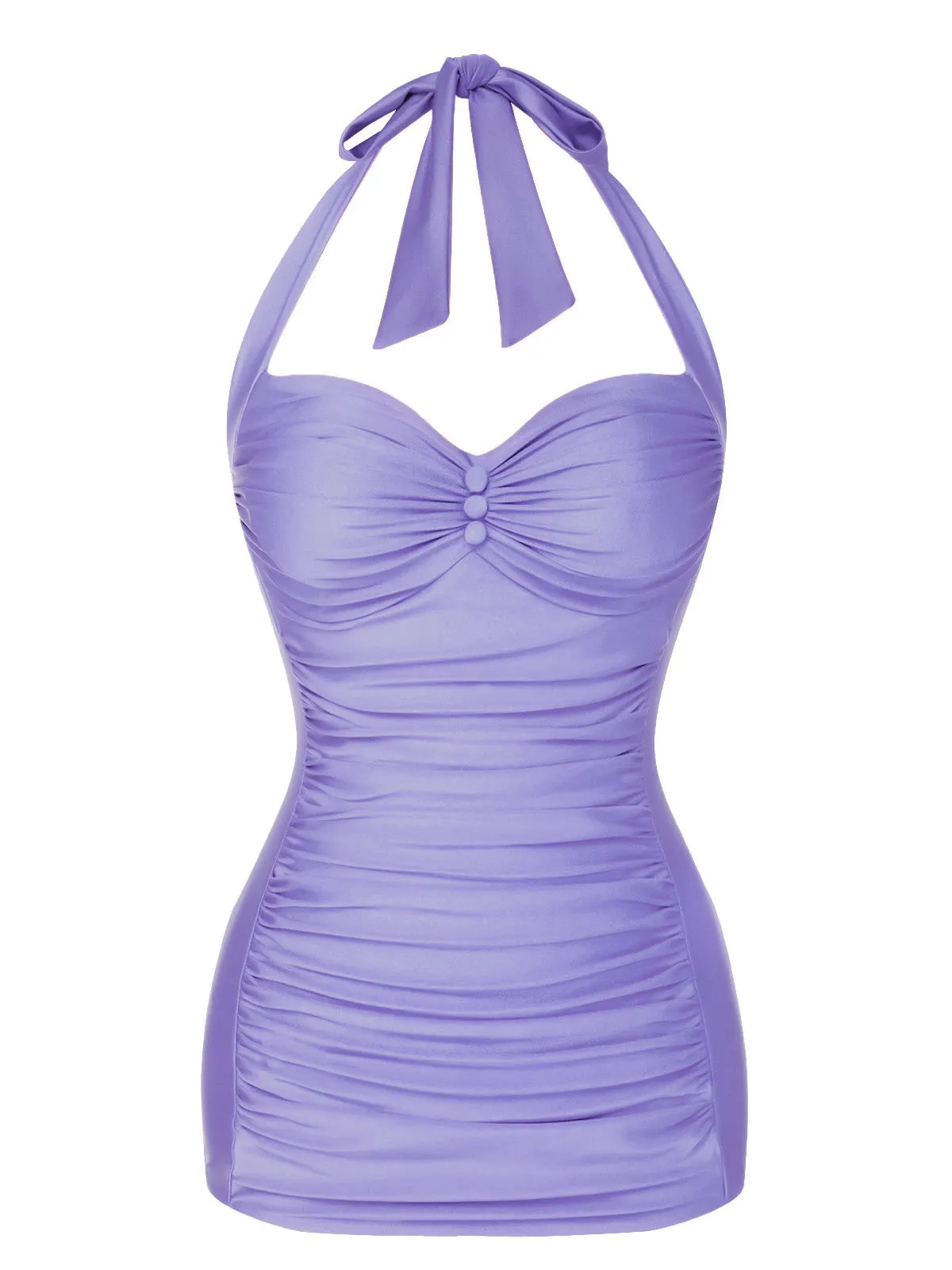 Purple 1950s Solid Gathered Halter Swimsuit sold by Retro Stage