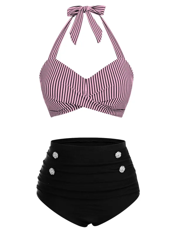 Pink & Black 1940s Striped Halter Swimsuit Set sold by Retro Stage