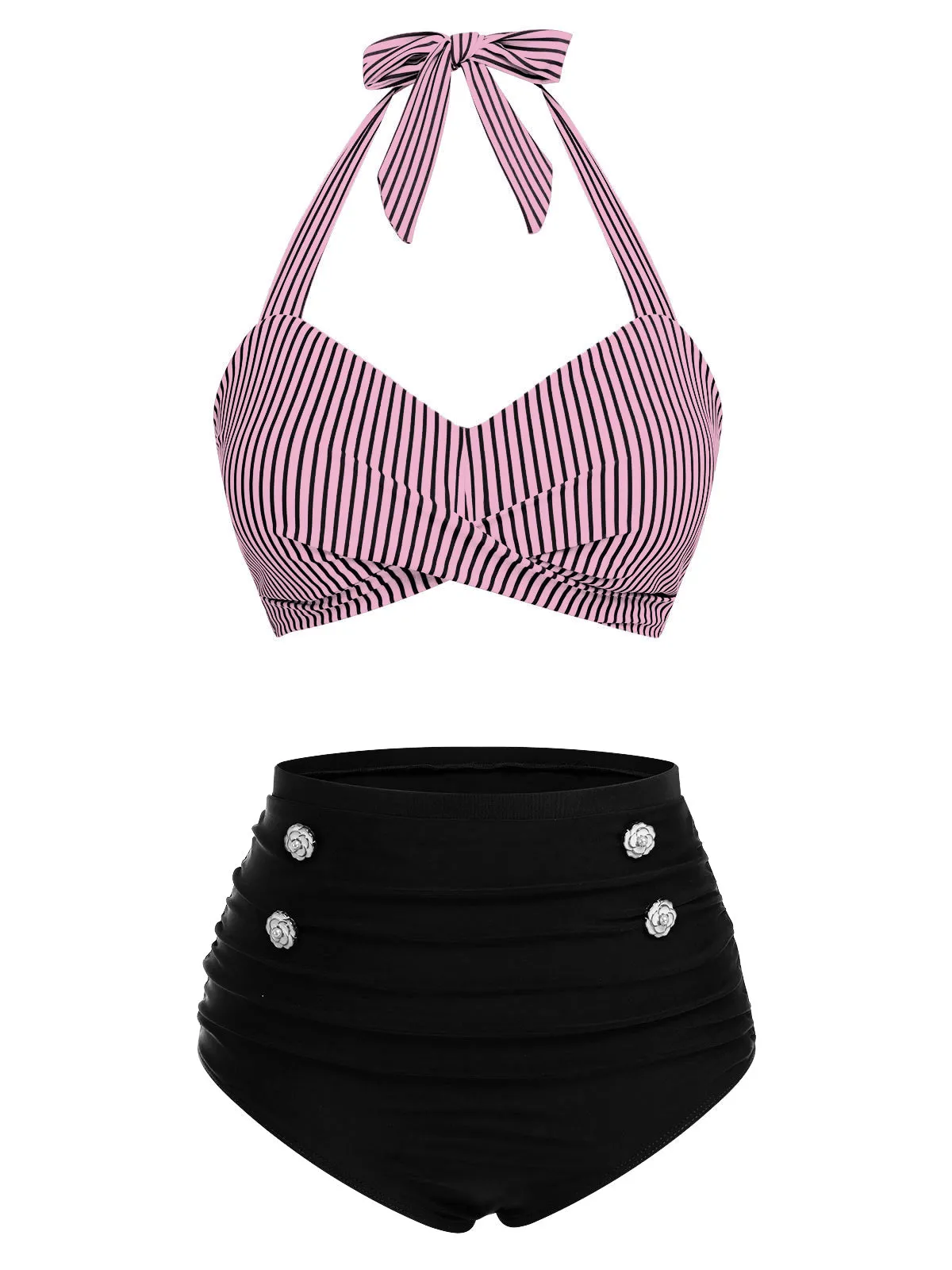 Pink & Black 1940s Striped Halter Swimsuit Set sold by Retro Stage