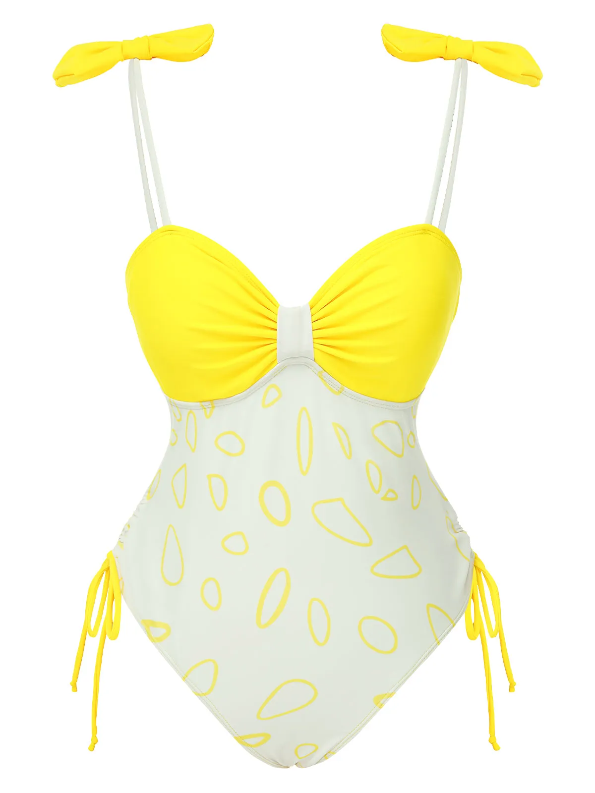 Yellow 1950s Bow Geometric Suspenders Swimsuit sold by Retro Stage