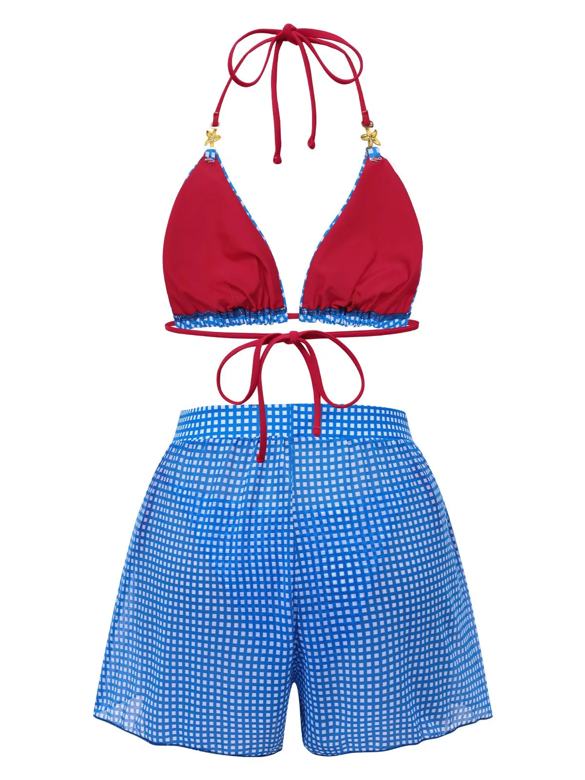 2PCS Blue 1950s Halter Plaid Alloy Star Bikini Set & Shorts sold by Retro Stage product image thumbnail 5