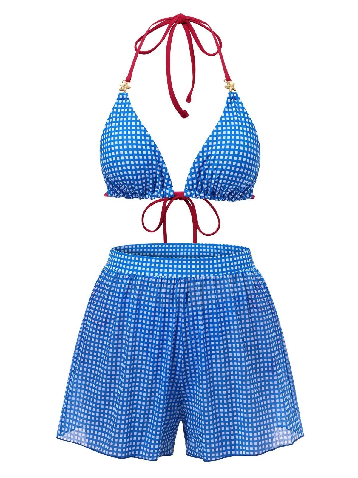 2PCS Blue 1950s Halter Plaid Alloy Star Bikini Set & Shorts sold by Retro Stage