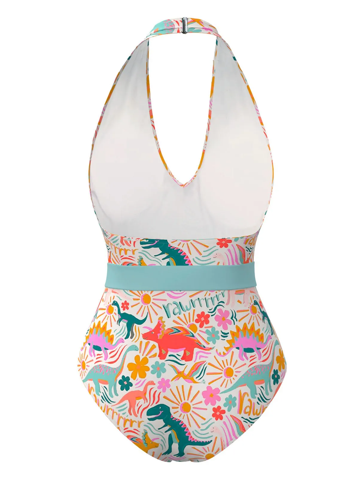 Multicolor 1950s Dinosaur Print Halter One-Piece Swimsuit sold by Retro Stage product image thumbnail 3