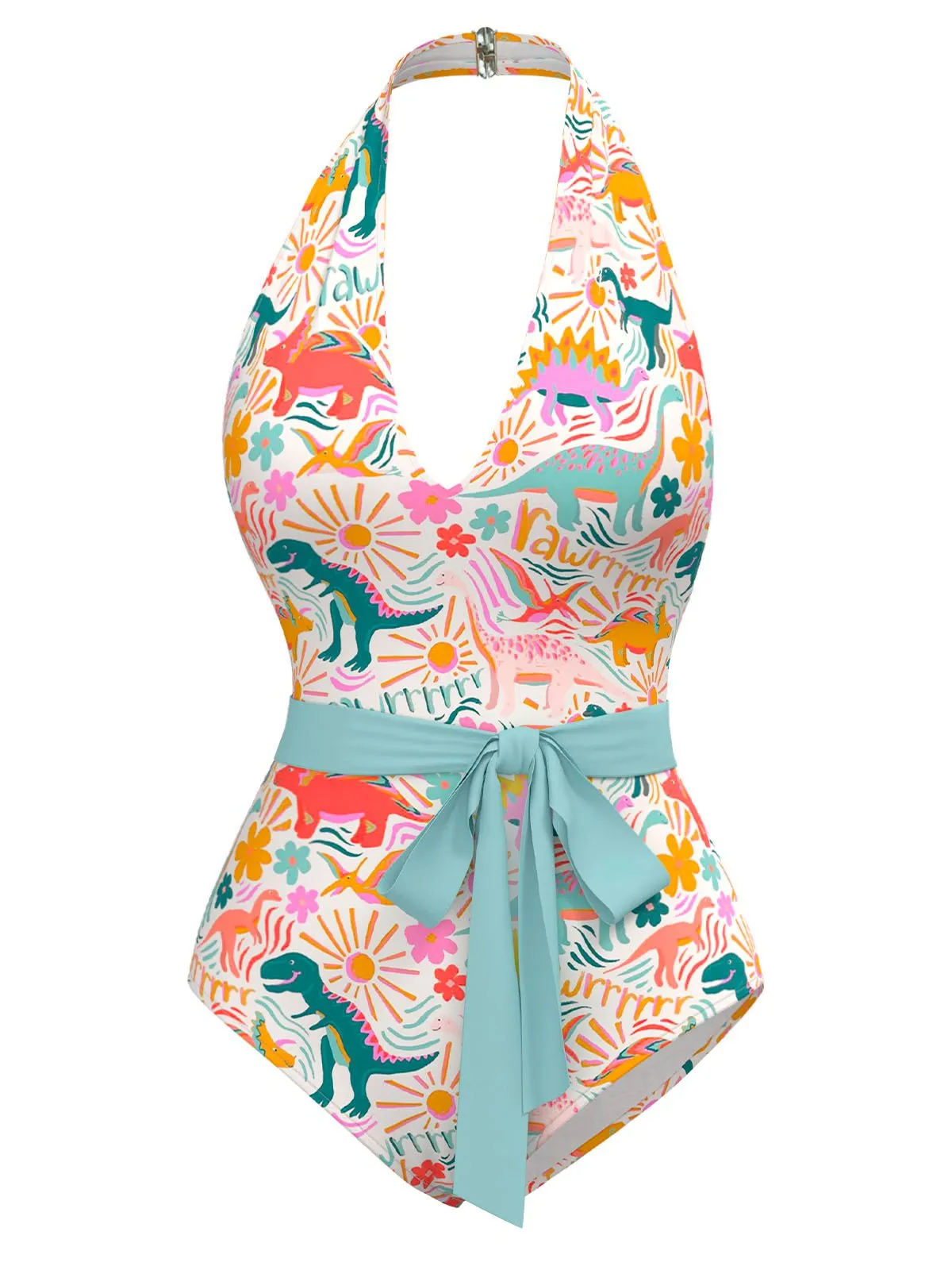 Multicolor 1950s Dinosaur Print Halter One-Piece Swimsuit sold by Retro Stage product image thumbnail 2