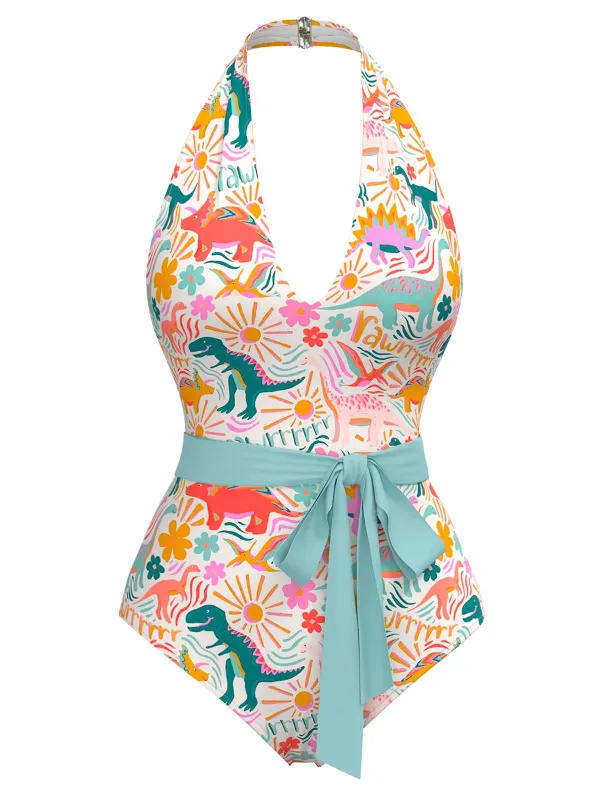 Multicolor 1950s Dinosaur Print Halter One-Piece Swimsuit sold by Retro Stage