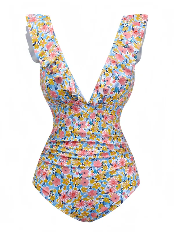 1950s Ruffled Ditsy Floral Deep V-Neck Swimsuit sold by Retro Stage