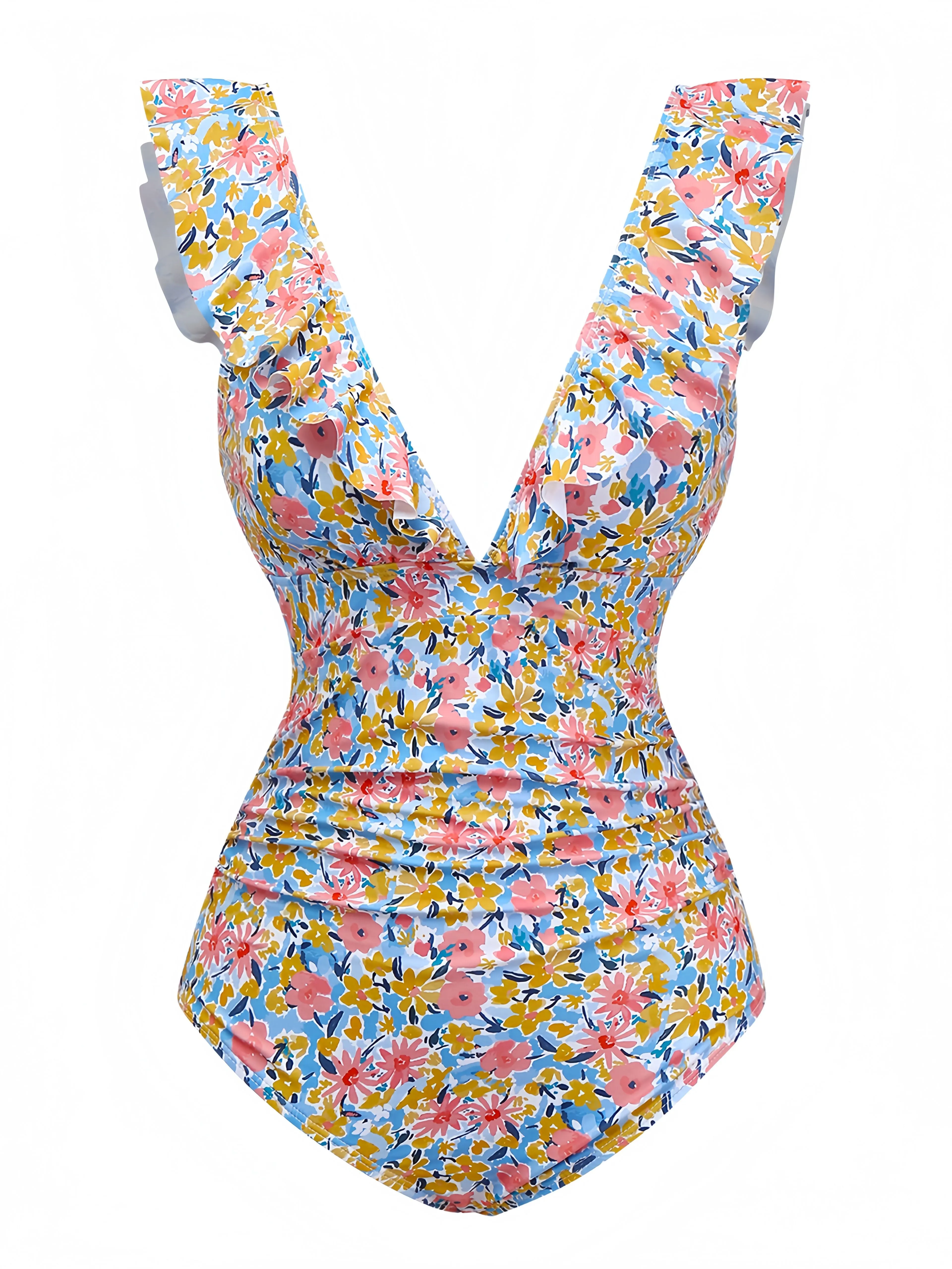1950s Ruffled Ditsy Floral Deep V-Neck Swimsuit sold by Retro Stage