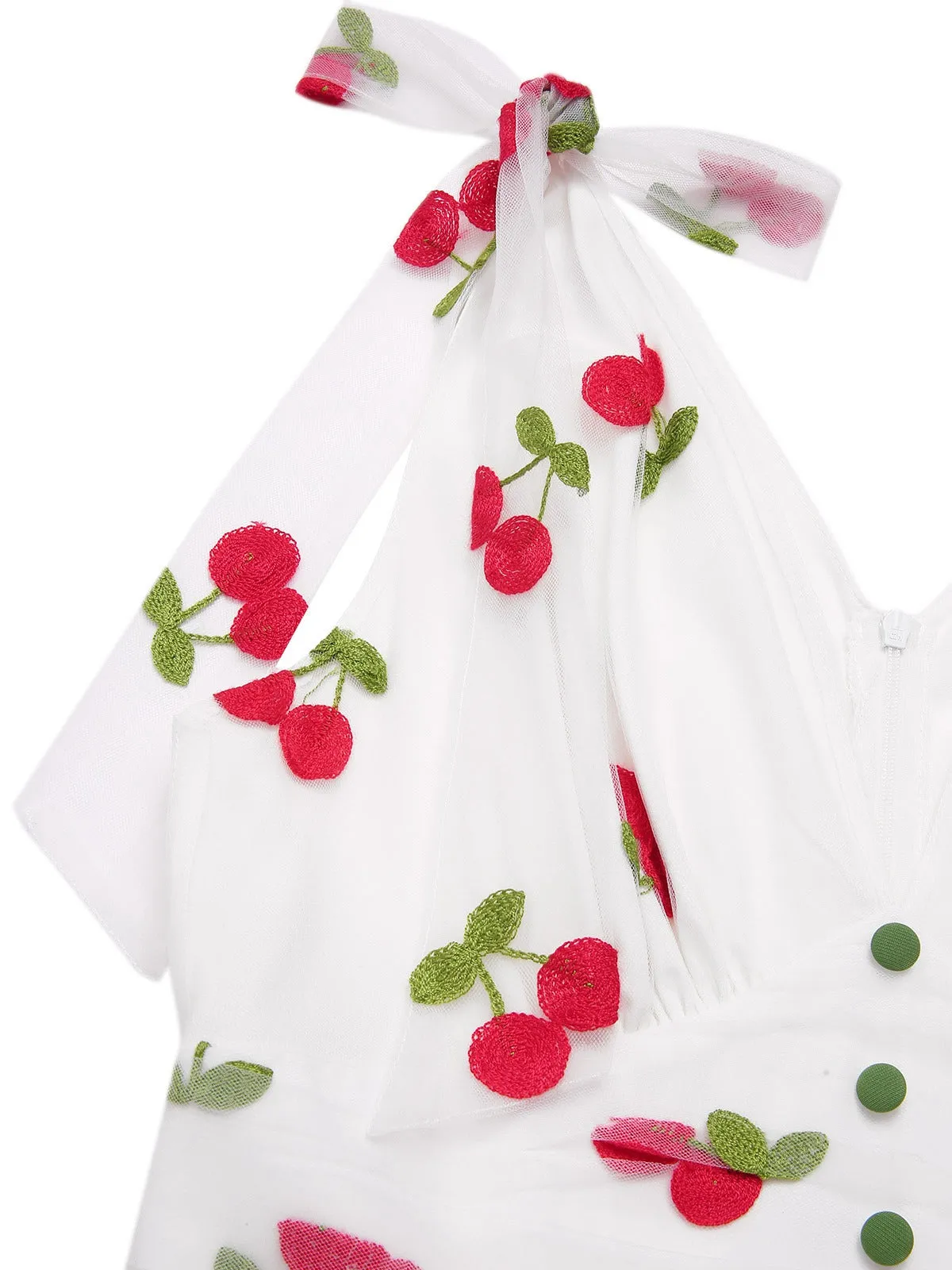 Green 1950s Cherry V-Neck Mesh Patchwork Dress sold by Retro Stage product image thumbnail 5