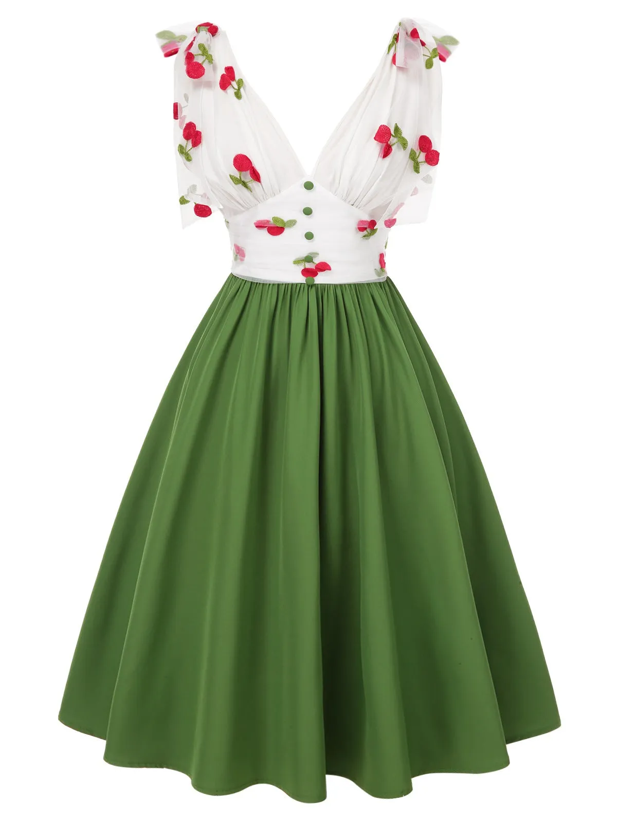 Green 1950s Cherry V-Neck Mesh Patchwork Dress sold by Retro Stage product image thumbnail 2