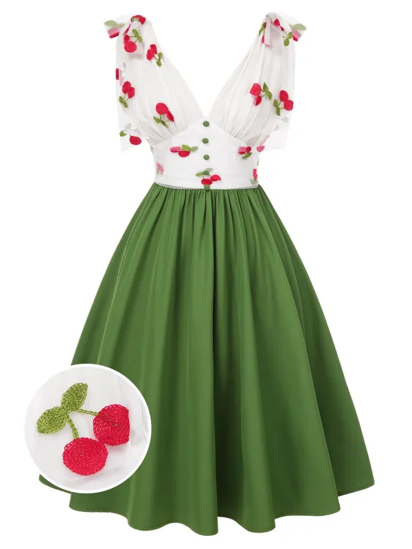 Green 1950s Cherry V-Neck Mesh Patchwork Dress sold by Retro Stage