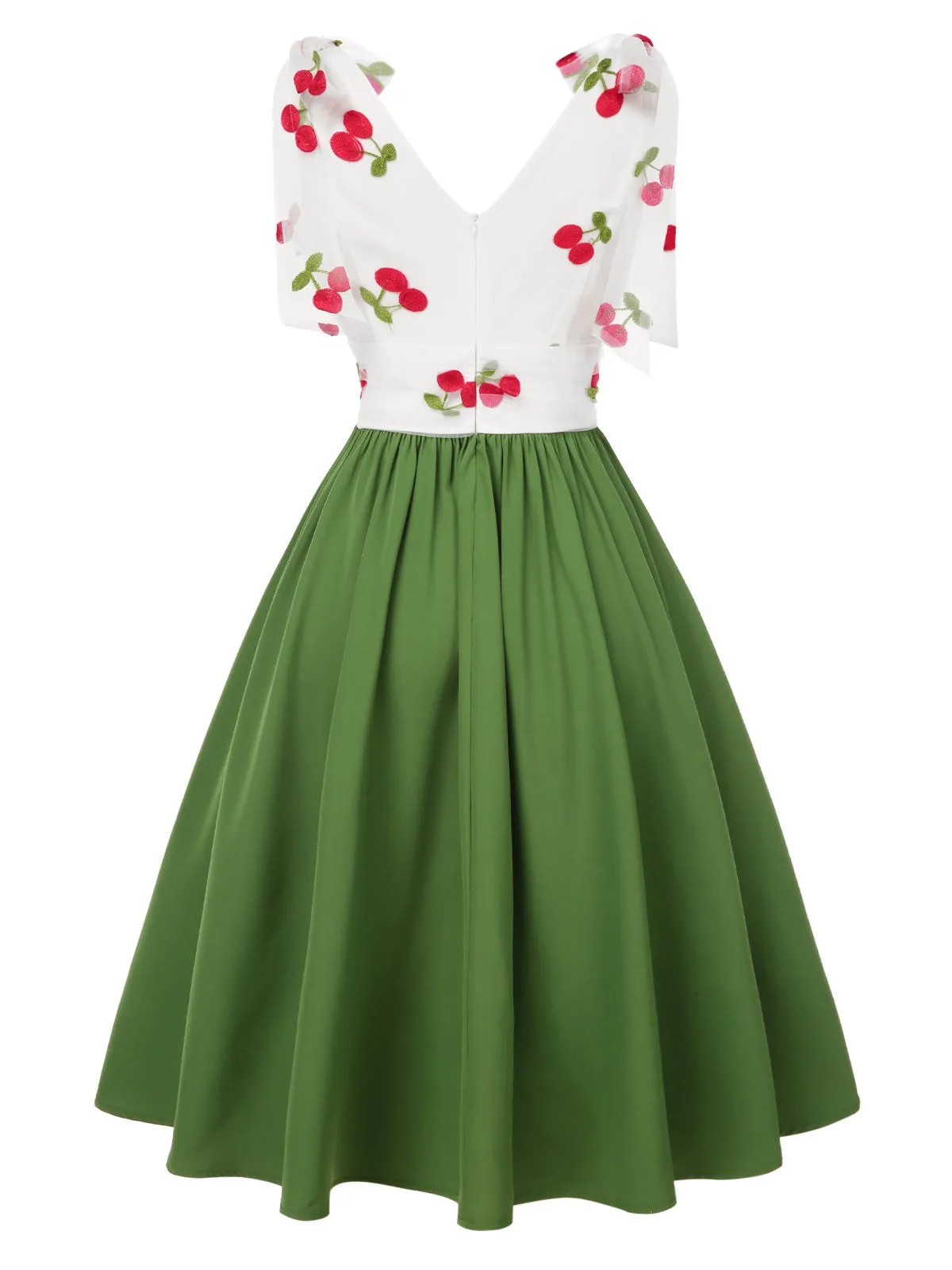 Green 1950s Cherry V-Neck Mesh Patchwork Dress sold by Retro Stage product image thumbnail 4