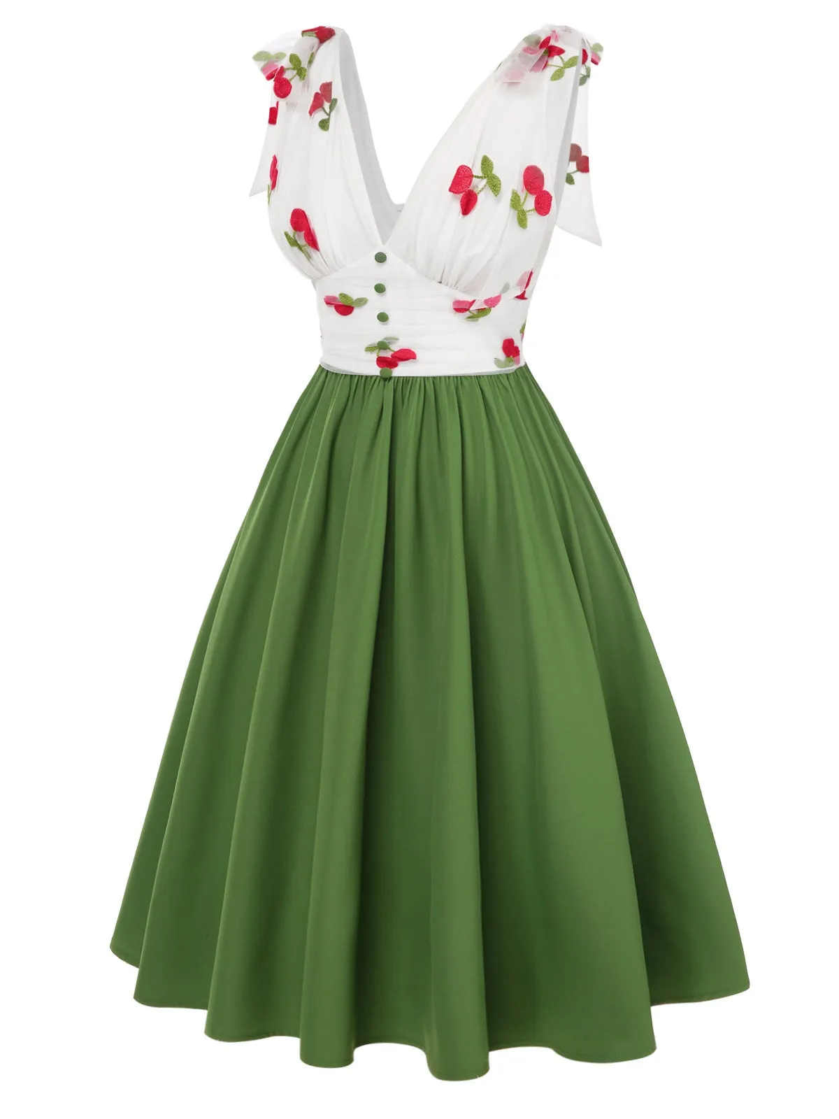 Green 1950s Cherry V-Neck Mesh Patchwork Dress sold by Retro Stage product image thumbnail 3