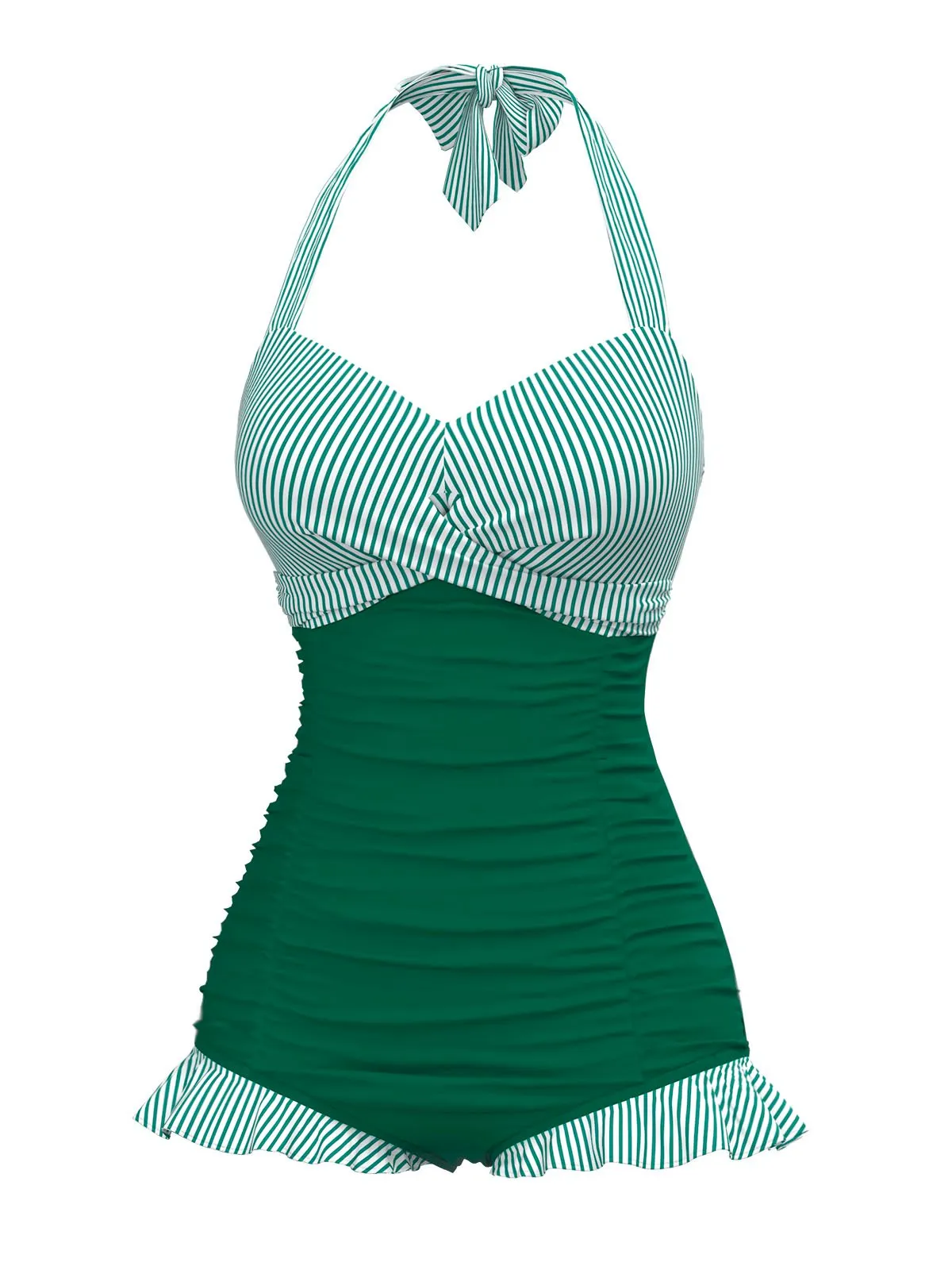 Green 1940s Halter Stripe One-Piece Swimsuit sold by Retro Stage product image thumbnail 2