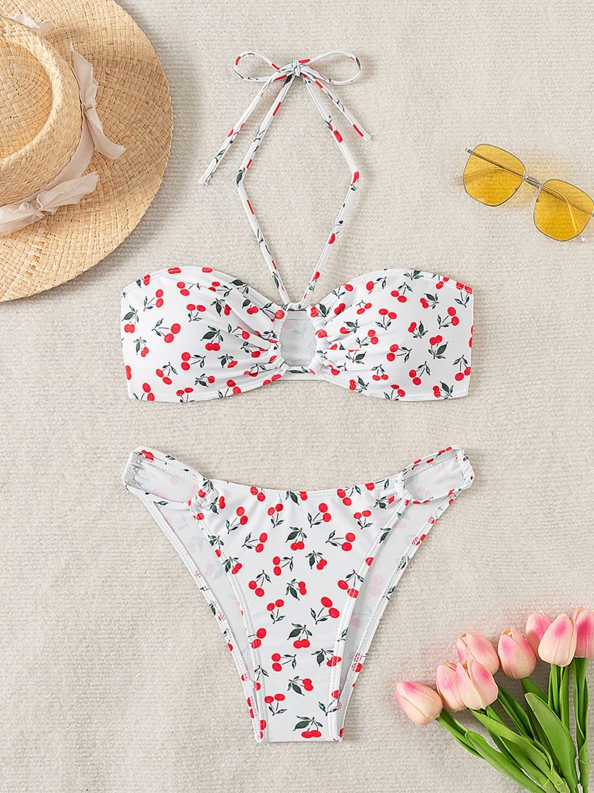 White 1950s Halter Cherry Bikini Set sold by Retro Stage product image thumbnail 3