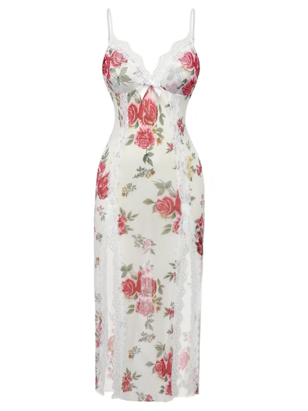 White 1930s Lace Floral Mesh Spaghetti Straps Nightgown sold by Retro Stage