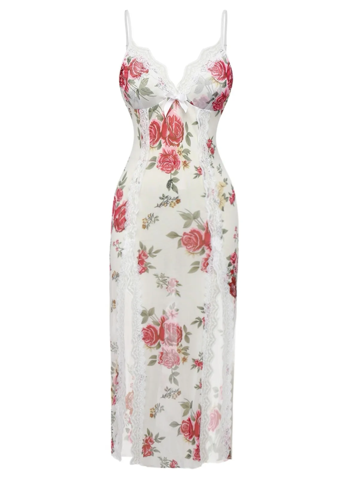 White 1930s Lace Floral Mesh Spaghetti Straps Nightgown sold by Retro Stage