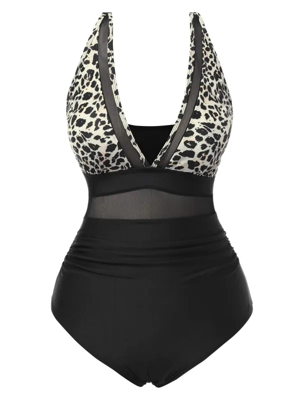 1950s Leopard Deep V-Neck Patchwork Swimsuit sold by Retro Stage