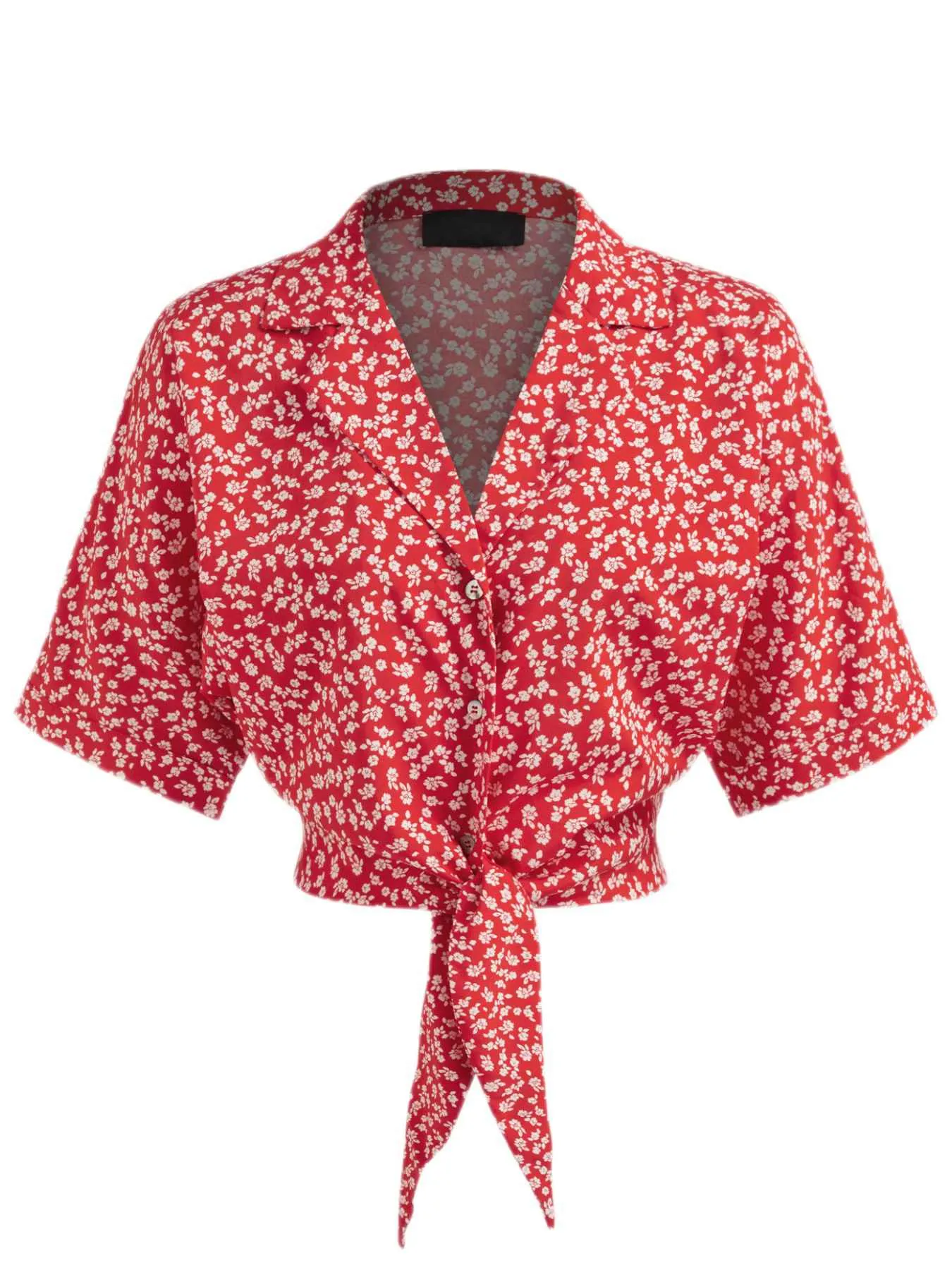 Red 1950s Ditsy Floral Lapel Bow Top sold by Retro Stage
