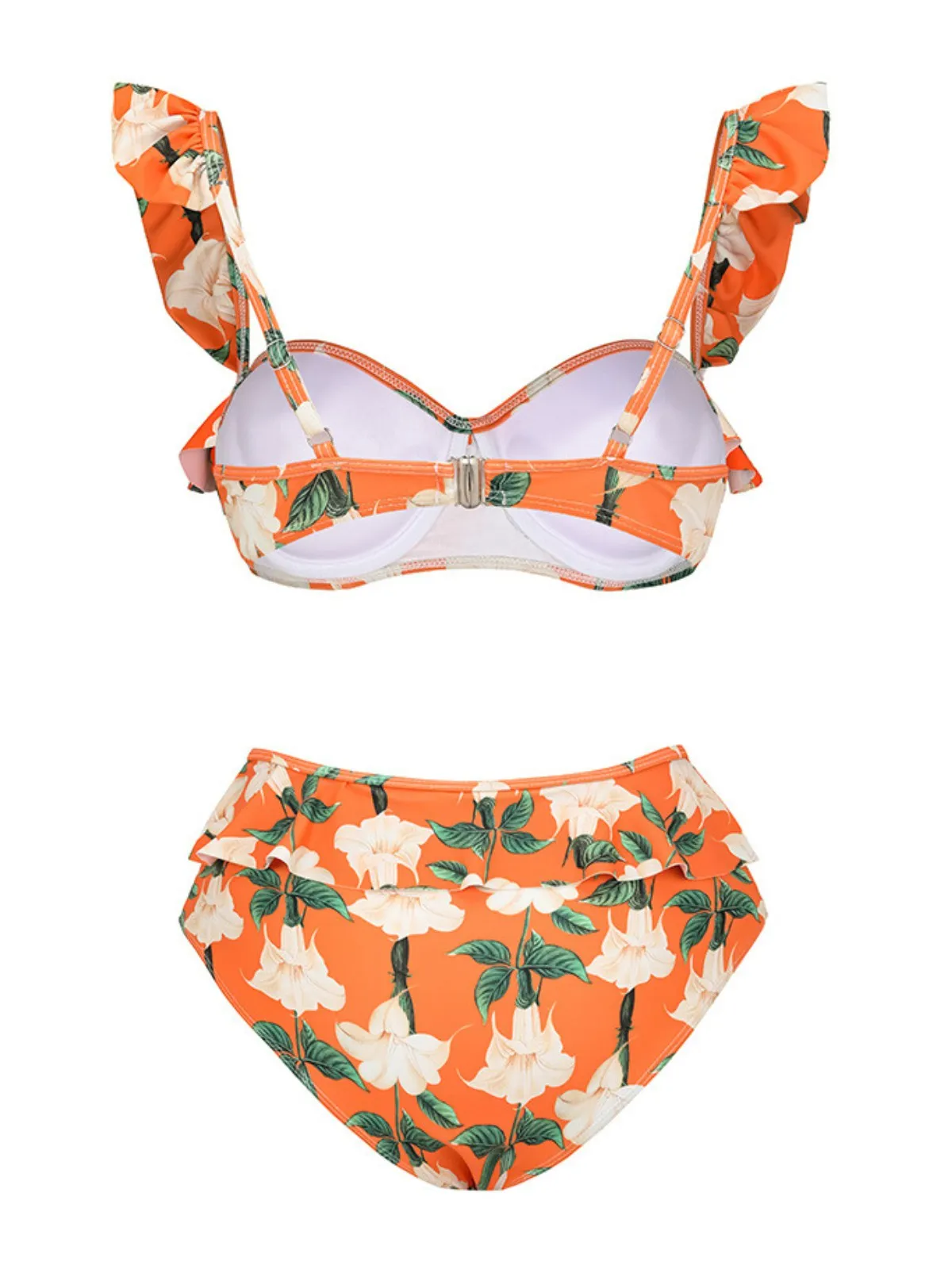 2PCS Orange 1940s Ruffle Floral Bikini Set & Cover Up sold by Retro Stage product image thumbnail 3