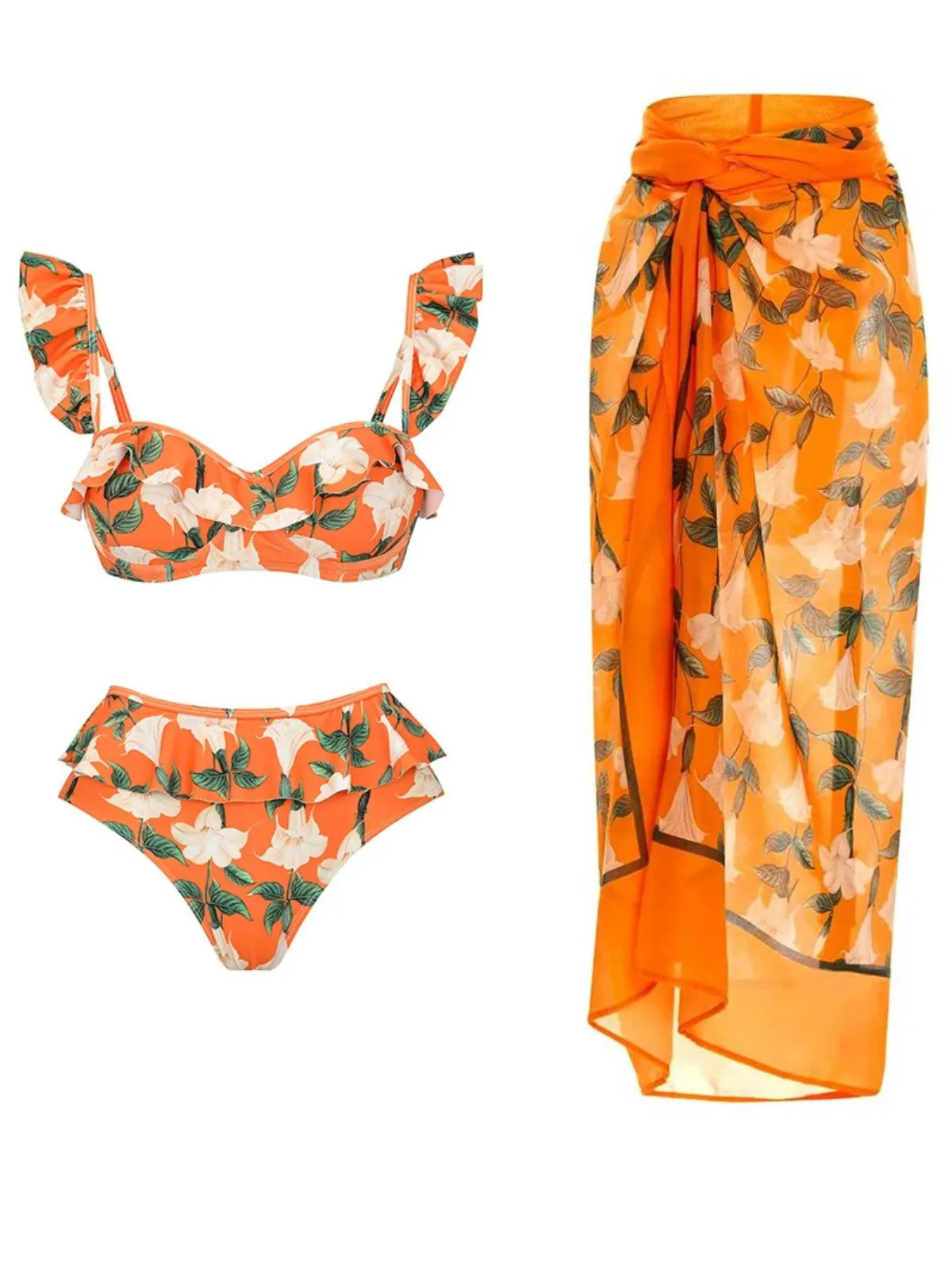 2PCS Orange 1940s Ruffle Floral Bikini Set & Cover Up sold by Retro Stage