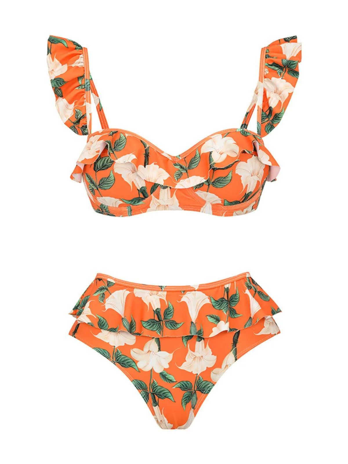 2PCS Orange 1940s Ruffle Floral Bikini Set & Cover Up sold by Retro Stage product image thumbnail 2