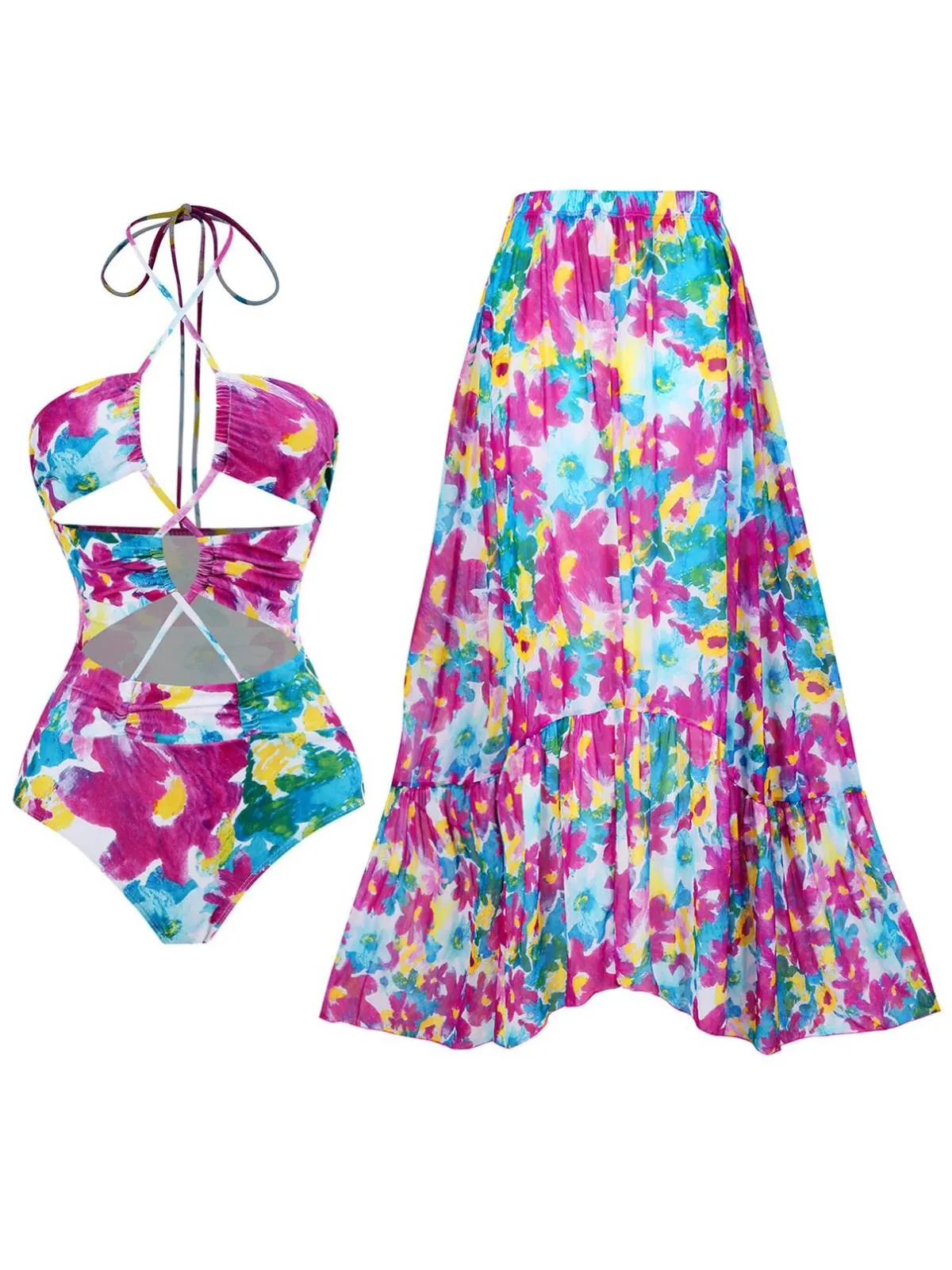 2PCS 1940s Cutout Halter Oil Painting Swimsuit & Cover-Up sold by Retro Stage product image thumbnail 3