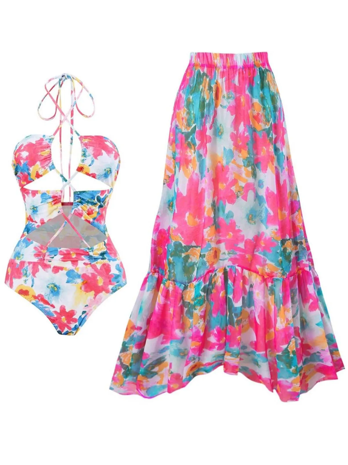 2PCS 1940s Cutout Halter Oil Painting Swimsuit & Cover-Up sold by Retro Stage