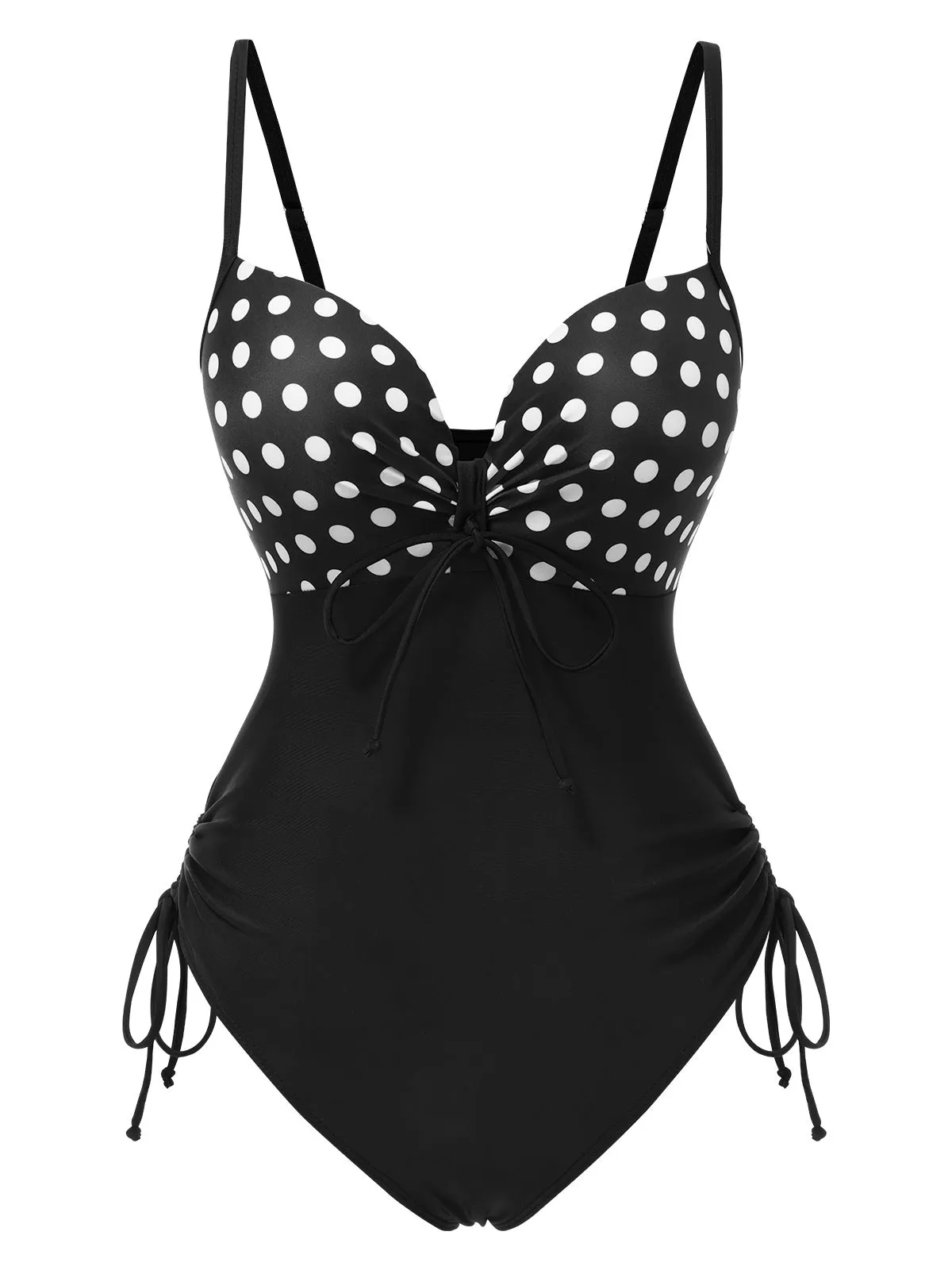 Black 1950s Spaghetti Strap Polka Dot One-Piece Swimsuit sold by Retro Stage