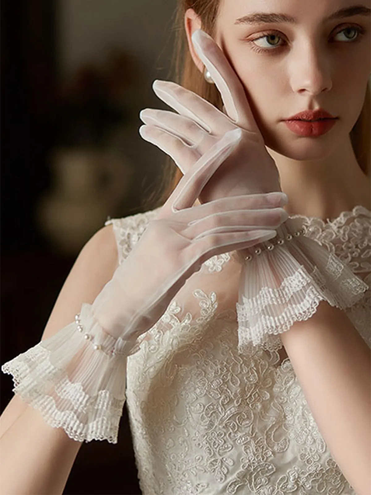 Retro Pearls Lace Trim Sheer Gloves sold by Retro Stage product image thumbnail 3
