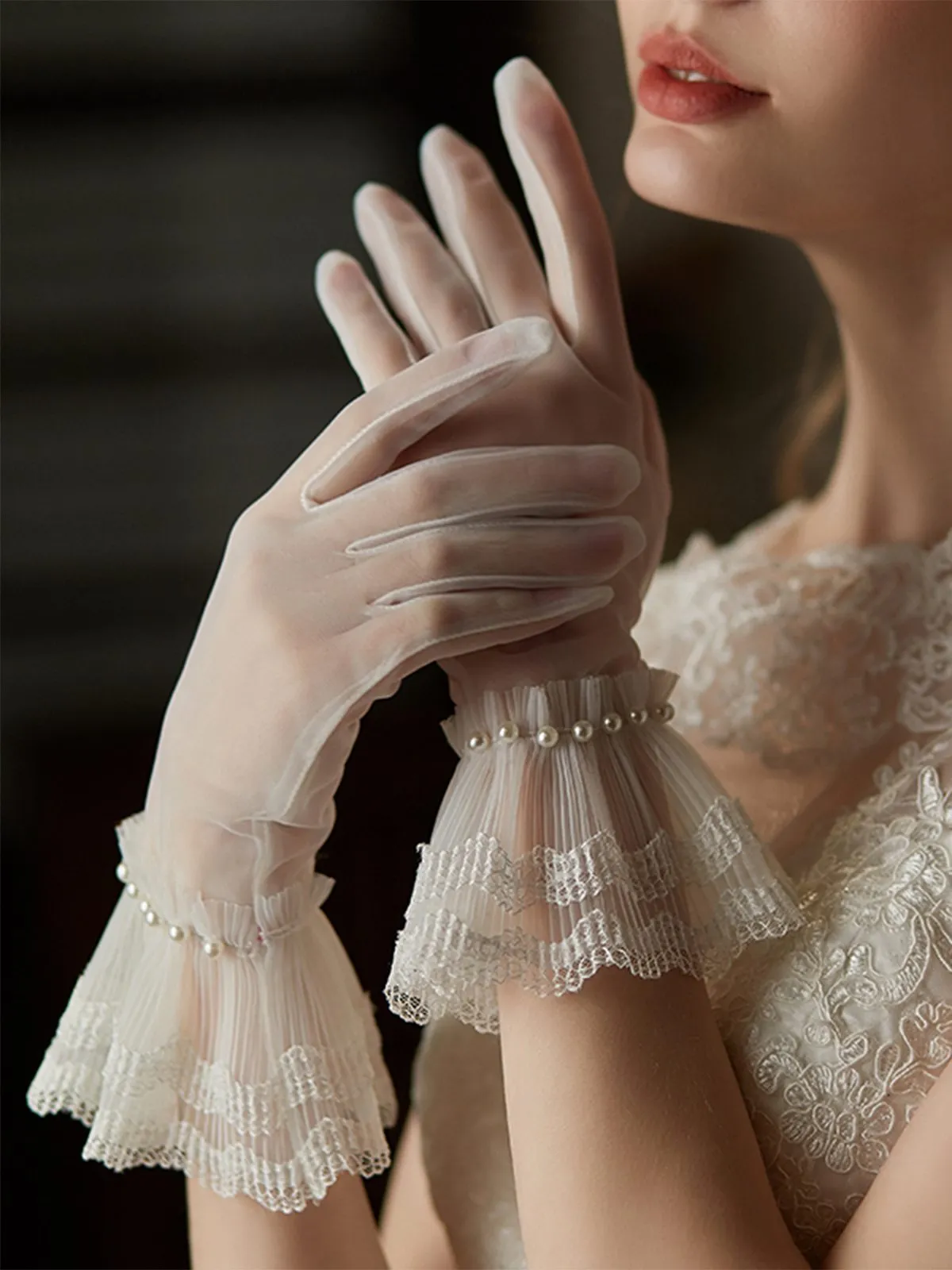 Retro Pearls Lace Trim Sheer Gloves sold by Retro Stage product image thumbnail 2