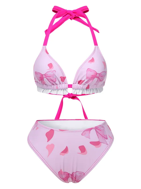 Pink 1950s Bowknot Print Halter Bikini Set sold by Retro Stage
