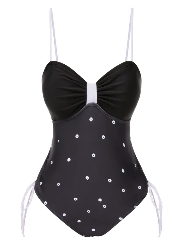 Black 1950s Bowknot Polka Dots Swimsuit sold by Retro Stage